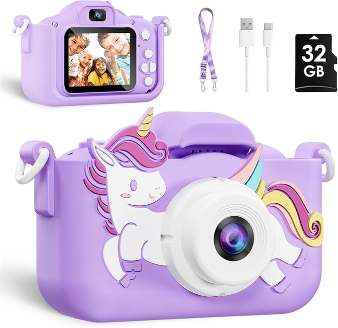 Kids Camera, Toys for Toddlers Age 3-8 Year Old Girl Christmas Birthday Gifts, Children Digital Camera with Cartoon Soft Silicone Cover and 32GB Card (Violet)