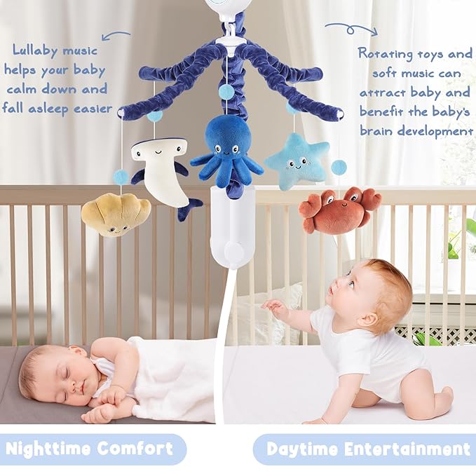 Ocean Crib Mobile for Boys & Girls – Sea Animals Baby Mobile for Crib with Upgraded 3-Mode Music Box, Blue Nursery Mobiles, Fits Standard Cribs