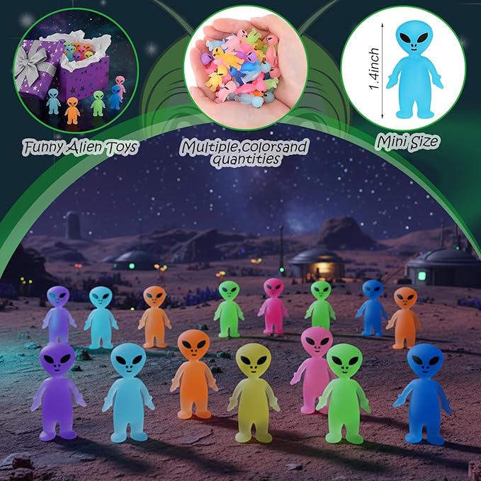 40 Pcs Colorful Mini Alien Figures Glow in The Dark Small Little Tiny Aliens Figurine to Hide and Seek for Space Party Favors Prank Gifts Halloween Party Goodie Bag Fillers, 8 Colors