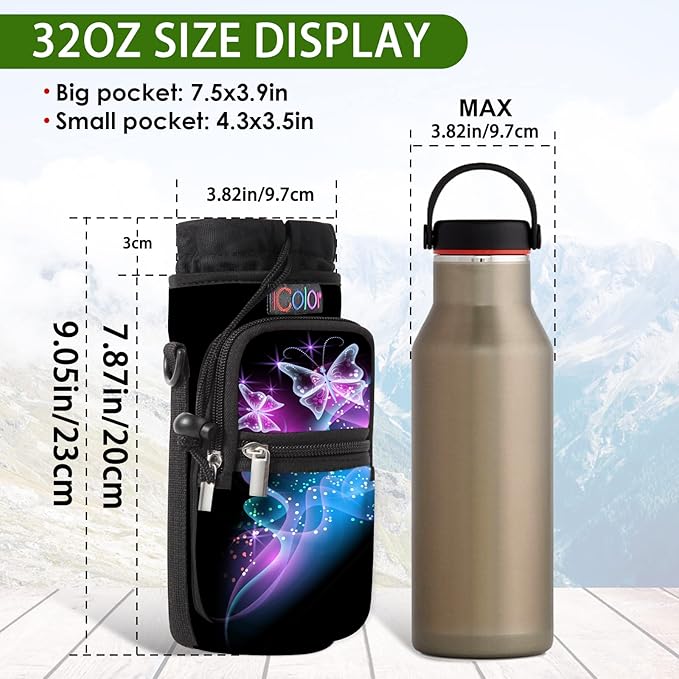 icolor Water Bottle Carrier Bag with Strap 25/32/40 oz Crossbody Bottle Holder with Phone Pocket Sling Sleeve Insulated Neoprene Water Bottle Pouch for Walking Travelling
