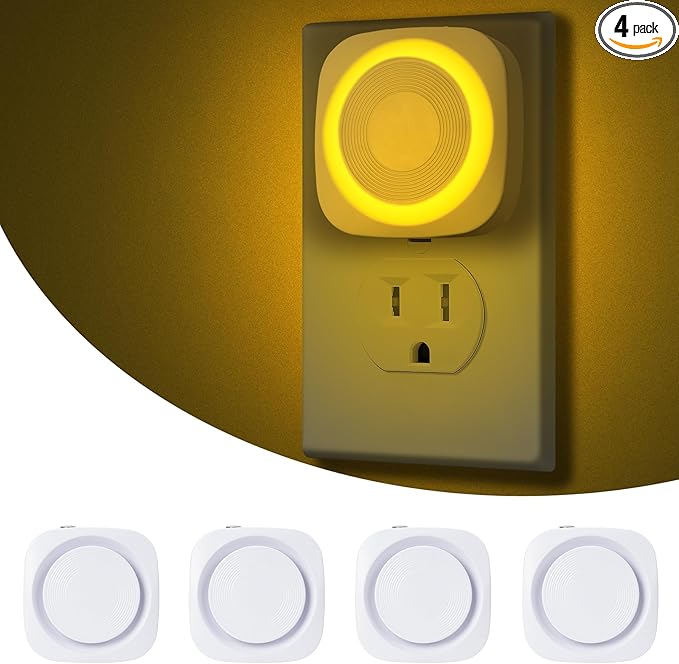 LED Night Lights Plug into Wall, Indirect Soft Dimmable Night Light with Dust to Dawn Sensor, Amber Nightlight for Bedroom,Bathroom,Kitchen,Stairs,Hallway,Travel, 4 Packs, Amber