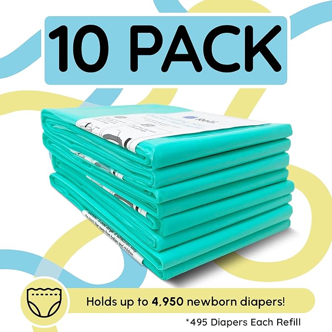 Reli. Diaper Pail Refill Bags, Compatible with Dekor Classic (10 Pack) | Diaper Dekor Refills w/Powder Fresh Scent | Odor Blocking, Strong, Easy Replacement Bags | Holds up to 4950 Diapers