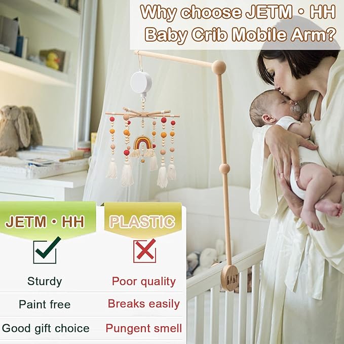 Baby Crib Mobile Arm Wooden Holder 30 inch Beech Hangers with Rotating Music Box Nursery Decor Attachment Safe Anti Slip Set