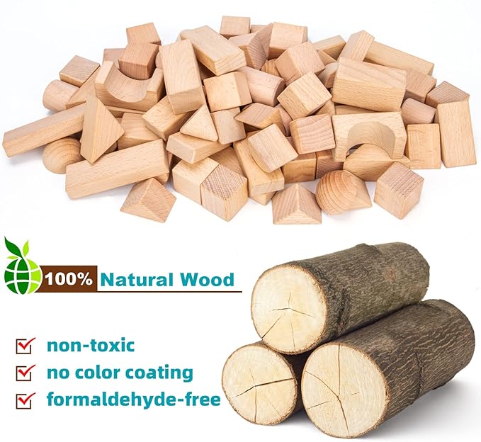 Wooden Building Blocks Set, 80 PCS Natural Wood Stacking Block Toy with Carrying Bag, Montessori Learning Birthday Gifts for 3 4 5 Year Olds Toddlers Kids Boys Girls Children