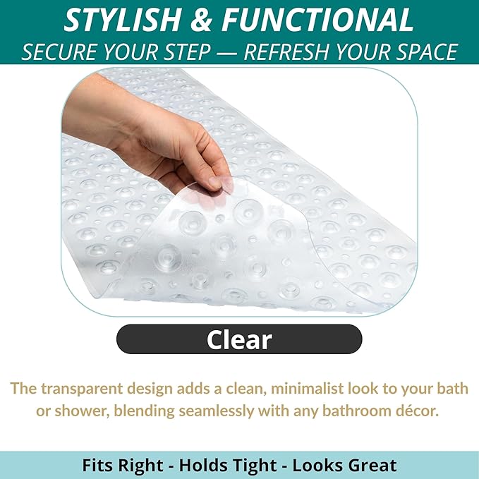 ENKOSI Bath Mat – 40 x 16 Inch Extra Long Non Slip Bathtub Mat – Anti Slip Clear Shower Mat with Suction Cups and Drain Holes – Bathroom Mat for Bath Tub and Smooth Shower Floors (40x16 Clear)