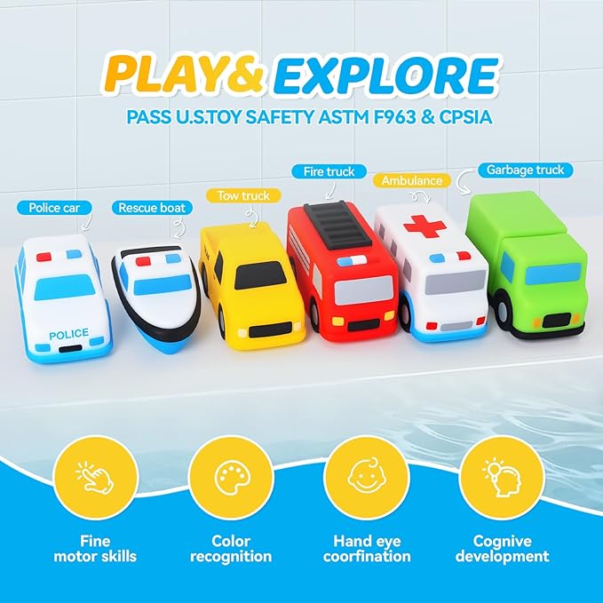 Silicone Cars Bath Toys for Toddlers, Christmas Birthday Gifts Age 1+, 6 Pack No Hole Bath Toys Design Keeps Moisture Out, Vehicles Play Set for Little Boys Girls Kids Christmas Stocking Stuffers