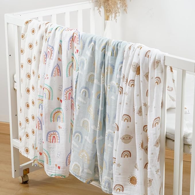 4 Set Muslin Swaddle Blankets for Newborn Baby Boys, Girls,Receiving Blankets-Cute Soft Print Baby Towel Wrap 120x110cm Baby(Rainbow)