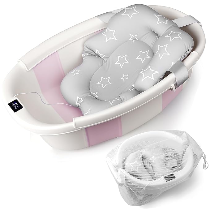 Baby Bathtub, Baby Bath Tub with Thermometer & Soft Cushion, Collapsible Infant Bathtub for Newborn to Toddler 0-36 Months, Quick Use & Portable for Travel(Pink)