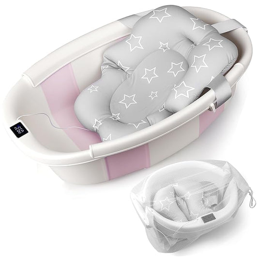 Baby Bathtub, Baby Bath Tub with Thermometer & Soft Cushion, Collapsible Infant Bathtub for Newborn to Toddler 0-36 Months, Quick Use & Portable for Travel(Pink)