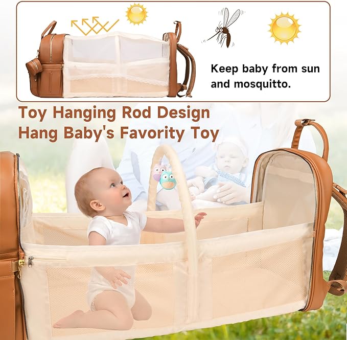 Leather Diaper Bags with Changing Station，Baby Bag，Large Capacity Diaper Bag Backpack for Moms Dads,Waterproof Diaper Backpack（Brown）