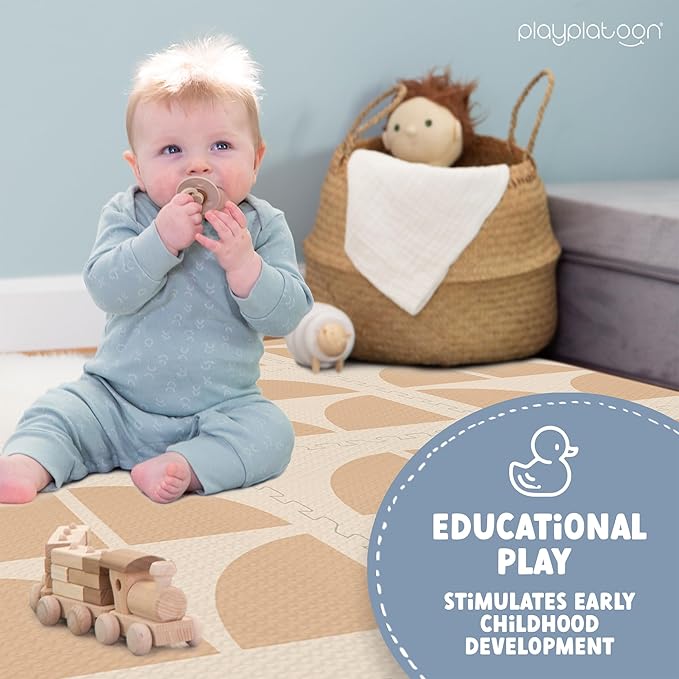 Play Platoon Large Kids Mats for Floors, Non-Toxic, 9 Tile 72 x 72 inch, Extra-Thick Interlocking Tiles, 24 x 24 in. Puzzle Mat Pieces with Border, Neutral Playmat Rug for Toddlers & Children