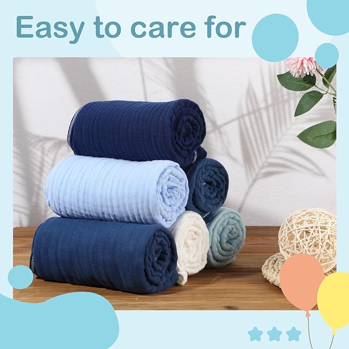 Peryiter 6 Pcs Muslin Hooded Baby Towels, 32"x 32" Cotton Newborn Bath Towel Muslin Infant Baby Blankets Absorbent Unisex Newborn Registry Gift Essentials for Girls Boys (Blue)
