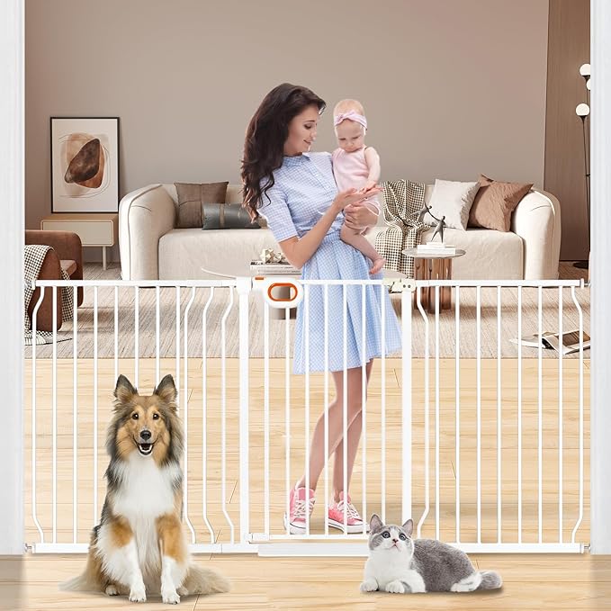 owlie 37.4" Extra Tall Wide Baby Gate for Stairs Doorways,66-75 Inch Extra Large Long Baby Gate with Door Indoor Safety Metal Pressure Mounted Pet Gate with Walk-Thru Auto Close, White