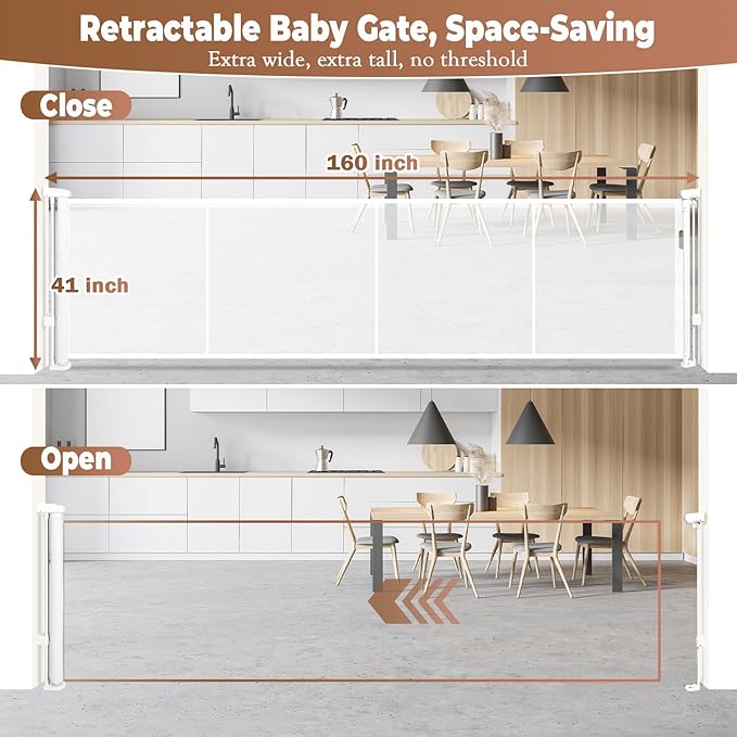 160" Retractable Baby Gate Extra Wide, 41" Tall Retractable Dog Gate for Stairs, Doorways, Decks, Mesh Gate Long Child Gate Pet Gate for Indoor, Outdoor, with Reinforced Mesh Rods, Dual Locks