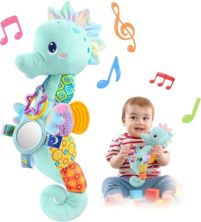 LIGHTDESIRE Baby Toys Musical Seahorse Stuffed Animals Infant Toys 0-6-12 Months with Mirror|Rattles|Crinkle|Baby Teething Toys,Sensory Toys for Tummy Time Newborn Boys Girls Birthday Gifts(Ice Blue)
