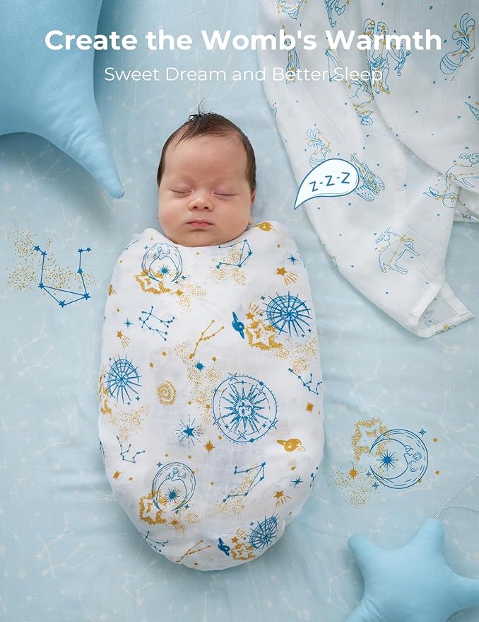 Momcozy Muslin Swaddle Blankets, Ultra Soft Neutral Registry Essentials, Angelic Starlight Zodiac Magic, Breathable Large 47'' x 47'' Newborn Boys Girls Receiving Blanket