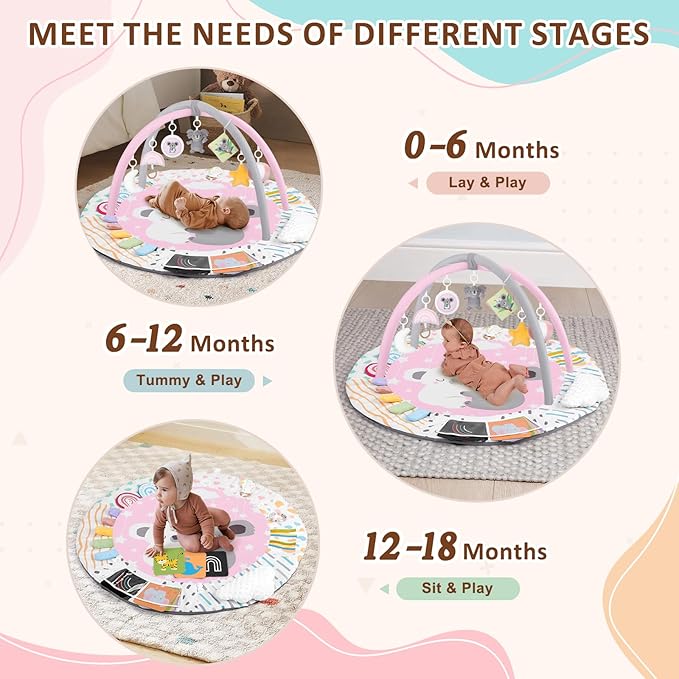 Baby Play Gym & Activity Mat, Tummy Time Mat with Tummy Time Pillow 7 Detachable Sensory Toys and Educational Cards for Motor Skills & Sensory Development, Baby Essentials Shower Gift, Pink Koala