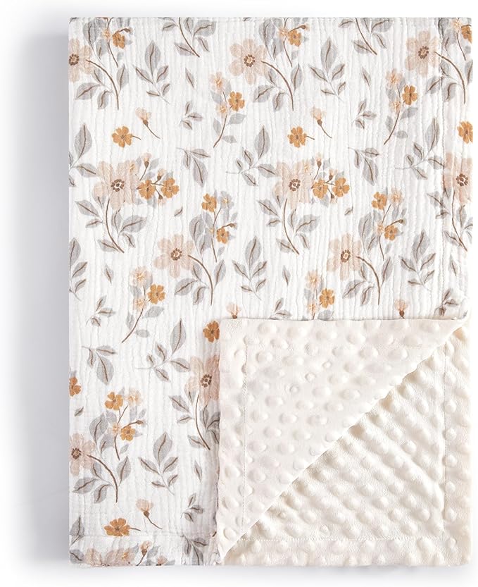 TILLYOU Baby Blankets for Girls Boys, Receiving Baby Blanket with Double Layer Soft Plush, Minky Muslin Cotton Front and Dotted Backing 30"x40", Yellow Flower