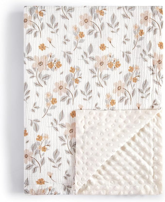 TILLYOU Baby Blankets for Girls Boys, Receiving Baby Blanket with Double Layer Soft Plush, Minky Muslin Cotton Front and Dotted Backing 30"x40", Yellow Flower