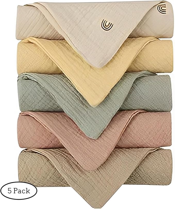 100% Cotton Baby Muslin Washcloths, 5 Pack Multi-Color Soft Baby Towels, Saliva Towel Set for Burping, Newborn Gift, Onesize, Black