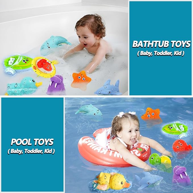 No Hole Bath Toys for Babies 6-12+ Months, Wind-up Swimming Ducks & Boat Bath Toys for Kids Ages 1-3, Baby Pool Toys Fishing Net Water Toys Watering Can, Toddler Bath Toy for 1+ Year Old Boy Girl