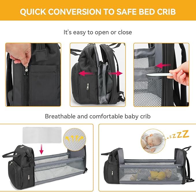 Diaper Bag Backpack with Changing Station – Large Waterproof Baby Bag for Moms & Dads, Pañaleras para Bebe, Multifunctional Diaper Backpack for Baby Girl, Travel Essentials (Black)