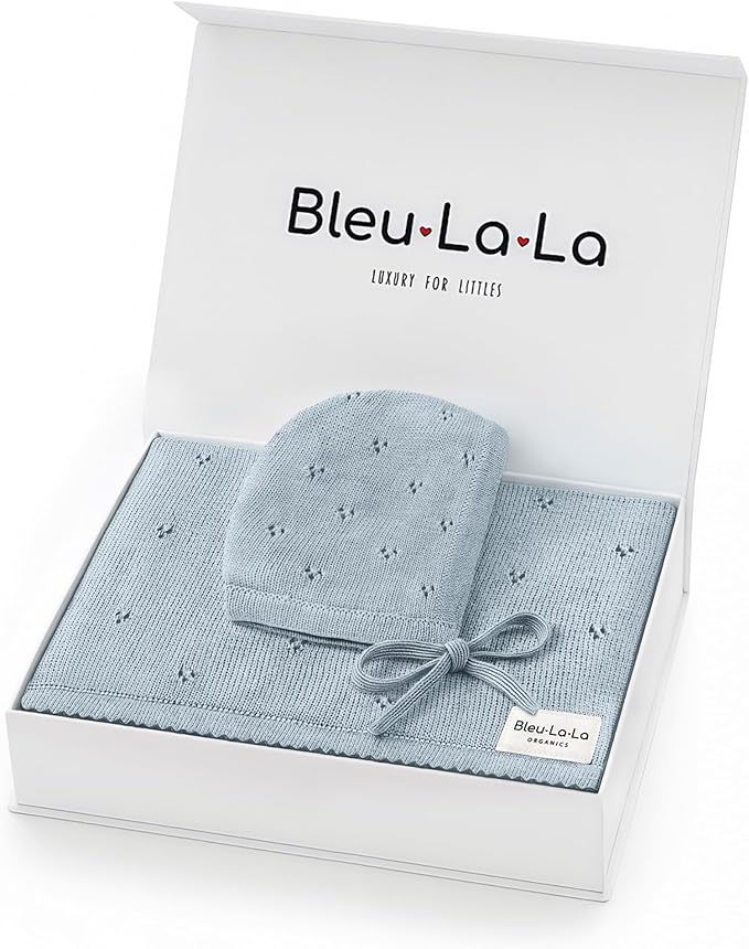 Organic Baby Blanket + Hat Gift Set for Boys - 100% Soft Luxury Cotton Receiving Swaddle Blanket + Bonnett Registry for Newborns & Infants (Powder Blue + Hat)
