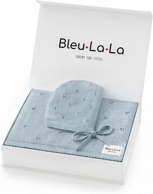 Organic Baby Blanket + Hat Gift Set for Boys - 100% Soft Luxury Cotton Receiving Swaddle Blanket + Bonnett Registry for Newborns & Infants (Powder Blue + Hat)
