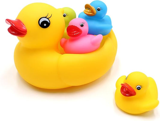 Floating Rubber Duckies Bath Play 5 Pieces Set - Includes 1 Jumbo Mama Ducky and 4 Baby Ducks - Fun Water Tub Playing Kits(4 Colors)