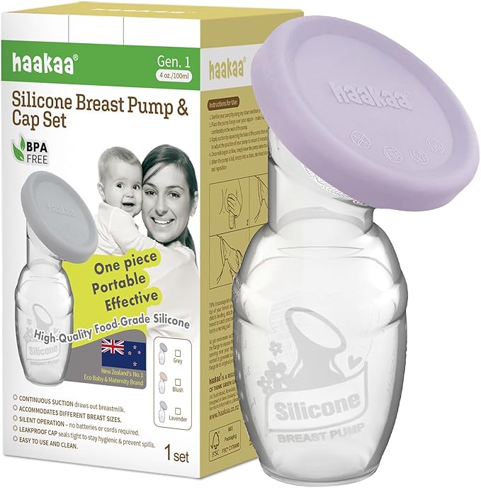 haakaa Manual Breast Pump Breastfeeding Pump with Food Grade Silicone Cap (Lavender) 4oz/100ml