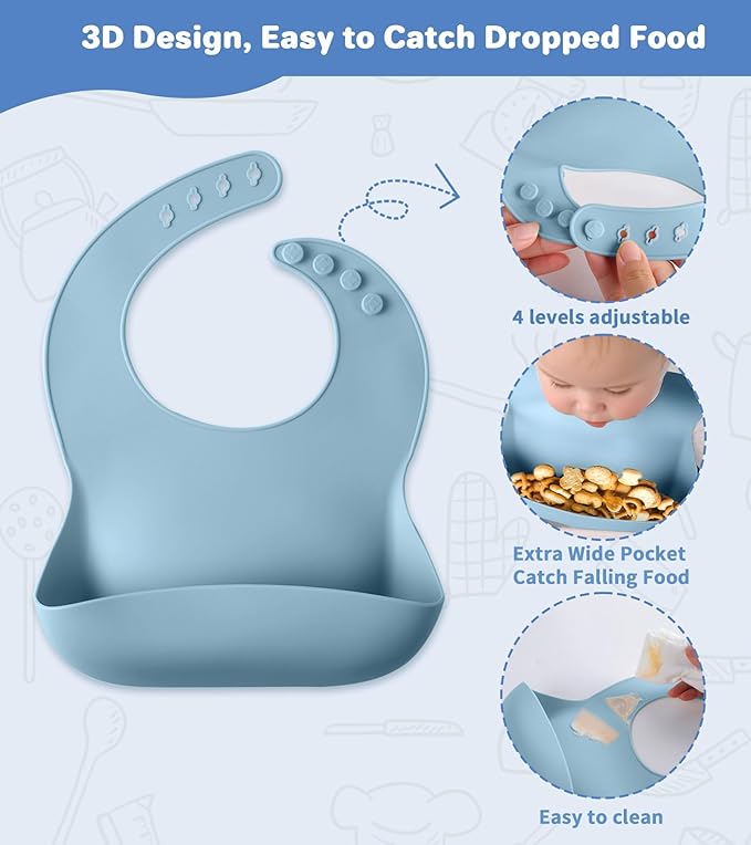 Silicone Baby Feeding Set, 10 Pcs Baby Led Weaning Supplies Baby Eating Essentials Set with Suction Bowl Divided Plate Adjustable Bib Soft Spoon Fork Cup with Lid Drinking Cup, Travel Bag (Blue)