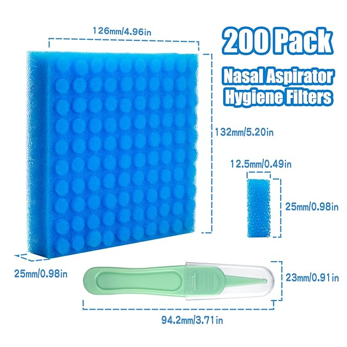 200-Pack of Premium Nasal Aspirator Hygiene Sponges, Replacement for Nosefrida Nasal Aspirator Filters, BPA, Phthalate & Latex-Free (200 Count +Tweezer)