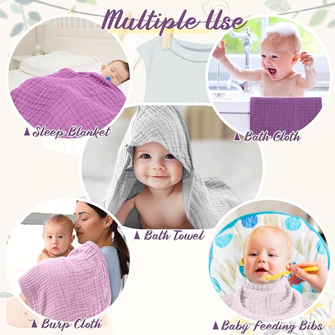VitalCozy 12 Pcs Baby Muslin Hooded Bath Towels and Washcloths, 32 x 32 Inch Muslin Cotton Hooded Baby Towels Absorbent Hooded Blankets for Gift Newborn Infant Shower (Purple Series)