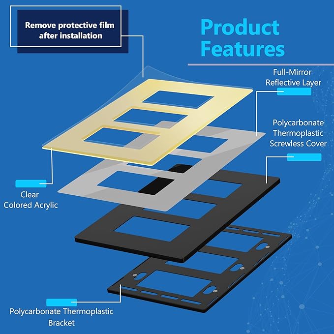 LIDER Triple Decorator Wall Plate, Impact Resistant, Mirrored Acrylic, Plexiglass, Reflective Finish, Modern Upgrade, Screwless Light Switch/Outlet Cover, Mid-Size 3-Gang 4.88" x 6.77" Gold