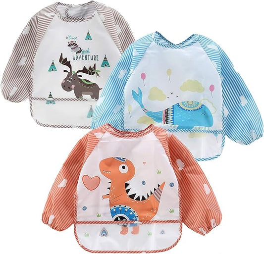 PandaEar (3 Pack Long Sleeve Bibs| Waterproof Full Sleeve Bib for Baby Infant Toddler 6-36 Months