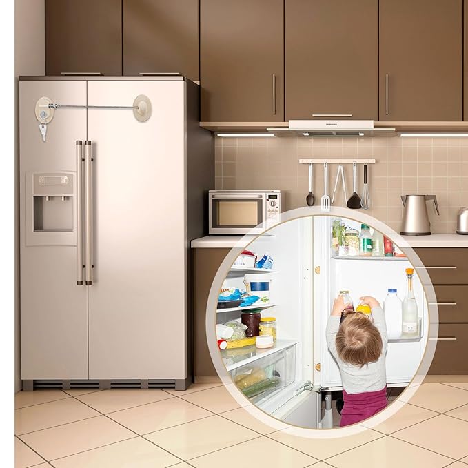 Hotop 4 Pack Cabinet Locks with Keys Mini Fridge Refrigerator Locks for Kids Toddlers Self Adhesive Child and Baby Proofing Safety for Deep Freezer Drawers Doors Latch(Light Brown)