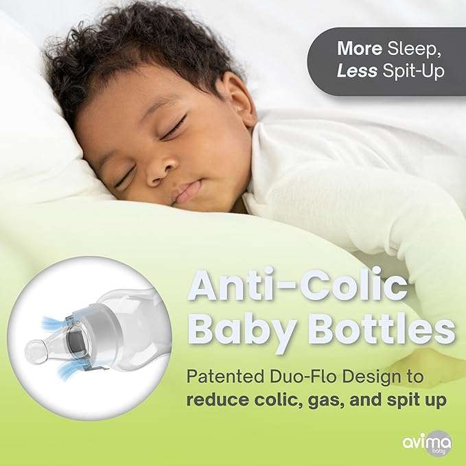 Avima 10 oz Anti Colic Baby Bottle Set - Medium Flow Nipples Included, Standard Neck, BPA Free - 3-6 Months, Stage 2 Feeding for Gas, Spit Up & Colic (Set of 8)
