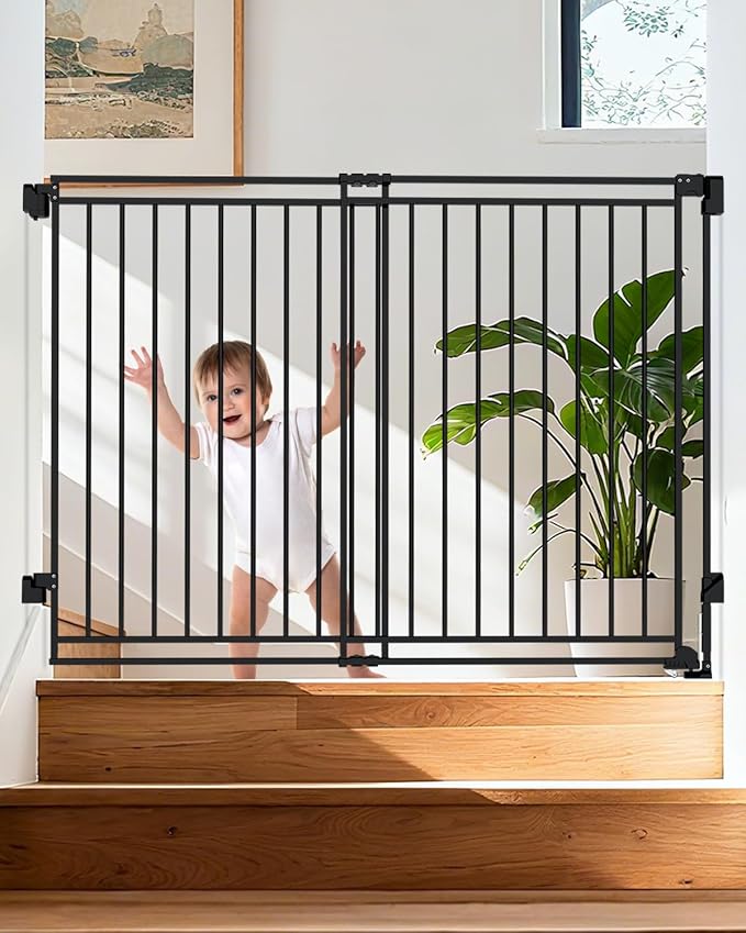 34-53" No Bottom Bar Baby Gates Dog Gate for Stairs, 39" Extra Tall Child Safety Gate with Auto Close Design, Large Walk Thru Door, Extra Wide Hardware Mount Pet Gate for Doorways Deck Indoor Outdoor