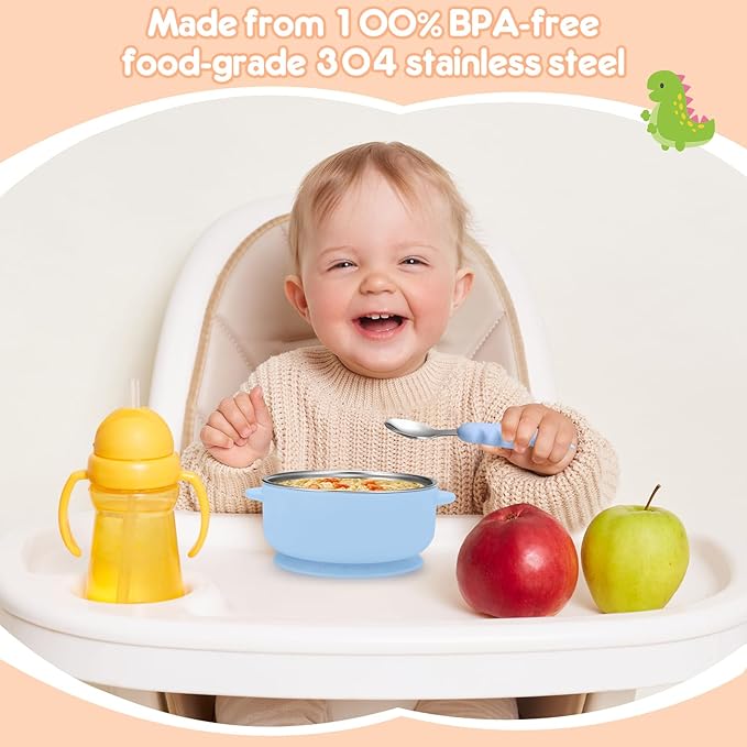 4 Pack Stainless Steel Baby Bowls with Removable Non-Slip Silicone Suction Shell, Anti Scald Food Container for Baby Food Feeding-Skyblue/Gray/Red/Cream