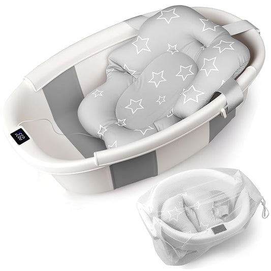 Baby Bathtub, Baby Bath Tub with Thermometer & Soft Cushion, Collapsible Infant Bathtub for Newborn to Toddler 0-36 Months, Quick Use & Portable for Travel(Grey)