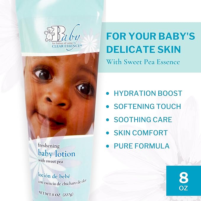 Clear Essence Baby Lotion With Sweet Pea - 8Oz | Baby Skin Care Lotion for Kids - Nourishing Baby Daily Moisturizer for Smooth Skin - Suitable for All Types of Skin - Dermatologist Tested