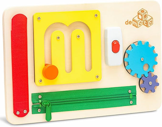 deMoca Sensory Busy Board for Toddlers, Premium Wooden Toddler Busy Board for 1 2 3 Year Old with 10 Educational Activities for Fine Motor Skills, Fidget Activity Toy for Travel Toy (Color)