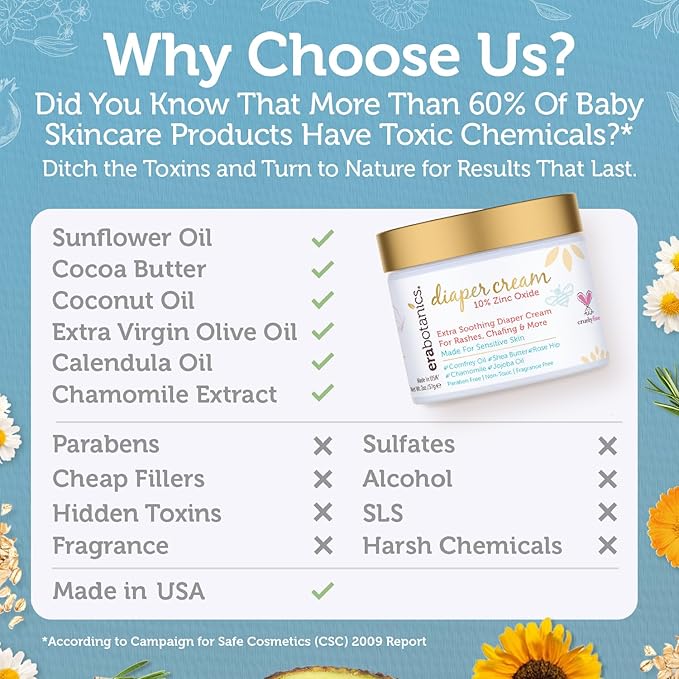 Era Organics Diaper Rash Cream For Baby - Extra Soothing and Moisturizing with Zinc Oxide, Organic Aloe Vera, Chamomile, Calendula Plus More - Gentle Butt Rash Moisturizer