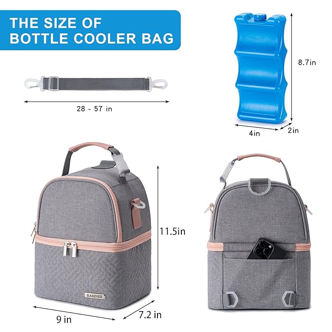 Breastmilk Cooler Bag with Ice Pack Fits 6 Baby Bottles up to 9 Ounce, Breast Milk Pump Cooler Bag with Shoulder Strap for Nursing Mom Daycare, Work, Travel- Grey