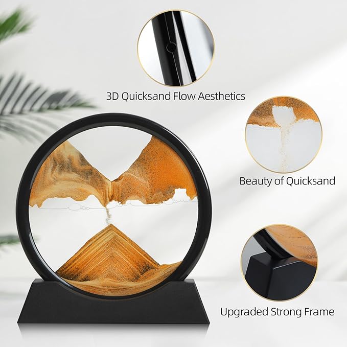 Moving Sand Art Liquid Motion, 3D Deep Sea Sandscape Color Quicksand Decor, Round Glass Moving Sand Art Picture Relaxing Desktop Home Office Work Decor (Orange, 7 inch)