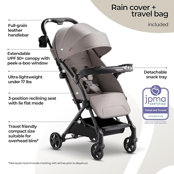 Mompush Lithe V2 Lightweight Travel Stroller, Compact Foldable Baby Stroller with Travel Bag, One-Hand Fold Stroller, Snack Tray, Mechanical Recline Seat, Airplane-Ready, Organizer & Rain Cover