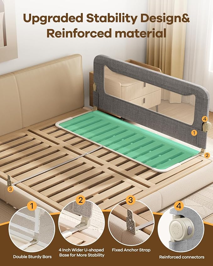 Foldable Bed Rail for Toddlers, 59in Reinforced Carbon Steel Frame&Connectors, Breathable Cationic Fabric, Safety Toddler Bed Rails for Queen, King, Twin, Full, No-Tool Setup.