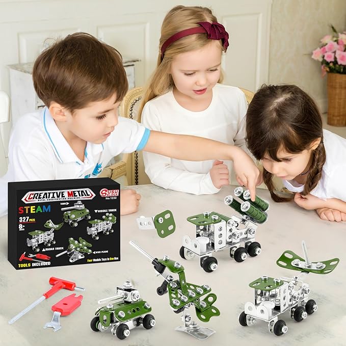 Building Toys for Boys Age 8-12,Creative Sets 4 Mini Army Vehicles Model,Metal Military Models Toys for Kids Ages 8+,DIY Educational Birthday Gifts for Kids Boys 8 9 10 11 12-16 Years Old