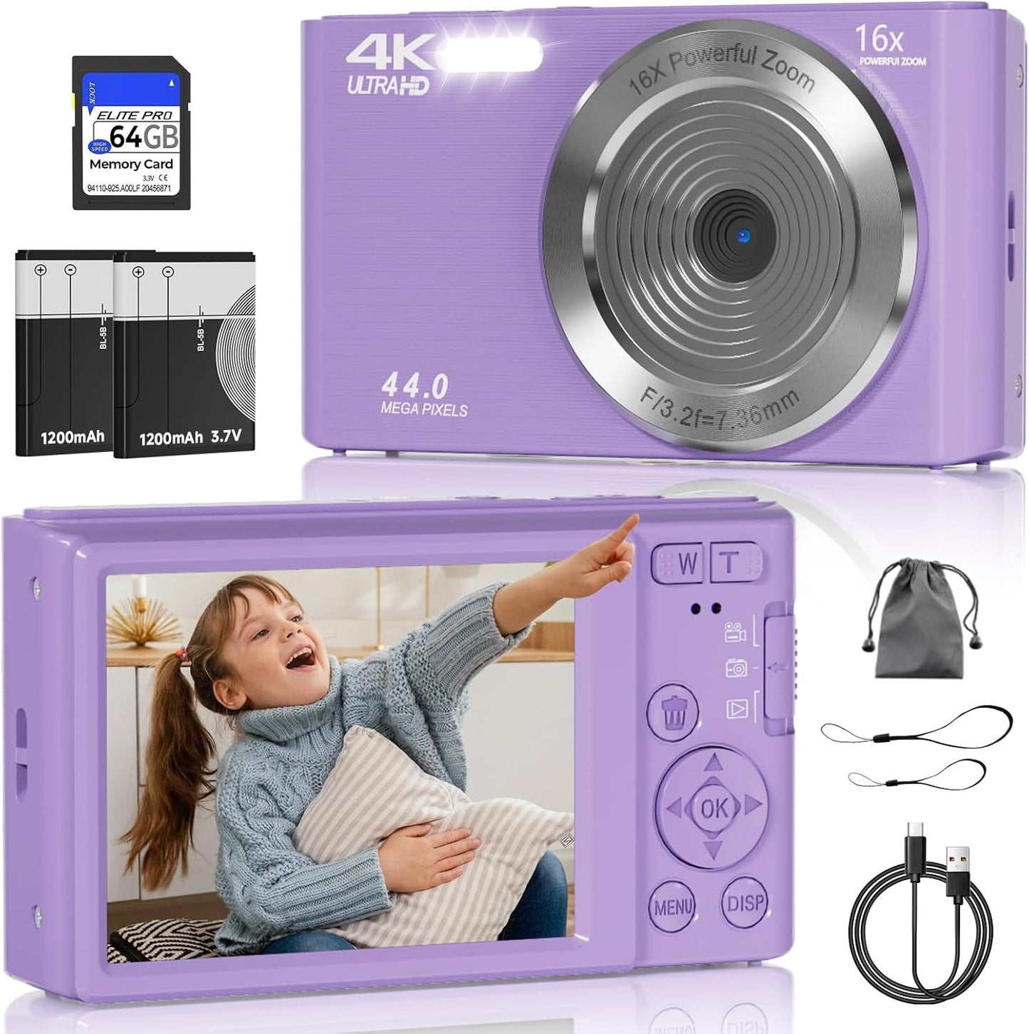 Digital Camera, FHD 4K 44MP Digital Camera, 16X Digital Zoom, Digital Point and Shoot Camera with 3-LED Fill Lights, 64GB SD Card, Compact Camera for Kids Teen Boys Girls, Purple