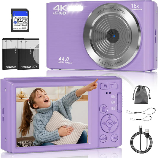 Digital Camera, FHD 4K 44MP Digital Camera, 16X Digital Zoom, Digital Point and Shoot Camera with 3-LED Fill Lights, 64GB SD Card, Compact Camera for Kids Teen Boys Girls, Purple
